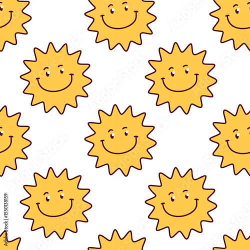 Pattern of yellow sun faces with wide smiles and jagged rays, cheerful design in seamless repeating style
