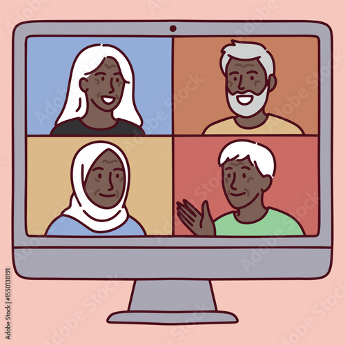 Multicultural elderly group of four people on computer screen engaged in online video call, smiling and waving during remote conversation