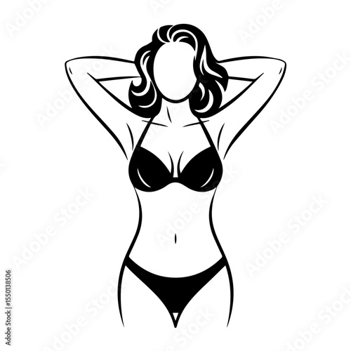 Stylized black and white line art of a faceless woman in a bikini with arms raised behind her head. The pose emphasizes confidence, femininity, and beauty in a minimalist, modern fashion style.

