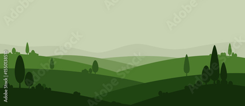 Vector illustration of a tranquil green landscape with rolling hills and trees