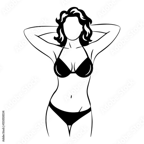 Stylized black and white line art of a faceless woman in a bikini with arms raised behind her head. The pose emphasizes confidence, femininity, and beauty in a minimalist, modern fashion style.

