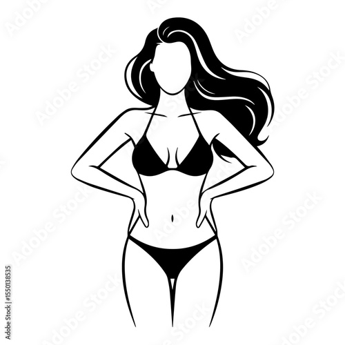 Stylized black and white line art of a faceless woman in a bikini with arms raised behind her head. The pose emphasizes confidence, femininity, and beauty in a minimalist, modern fashion style.

