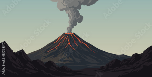 Vector illustration of an erupting volcano with smoke and lava flow against a twilight sky