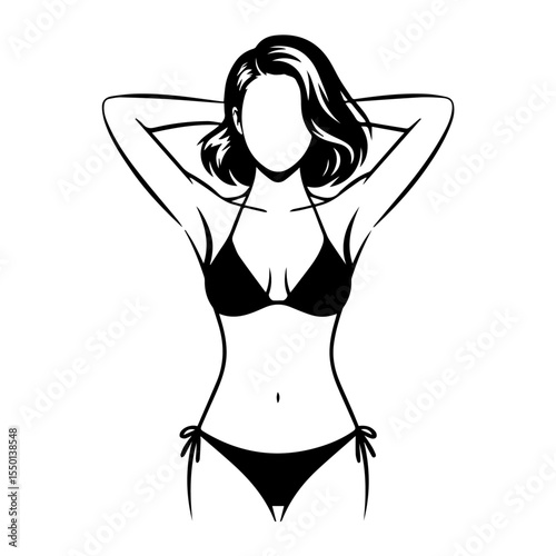 Stylized black and white line art of a faceless woman in a bikini with arms raised behind her head. The pose emphasizes confidence, femininity, and beauty in a minimalist, modern fashion style.

