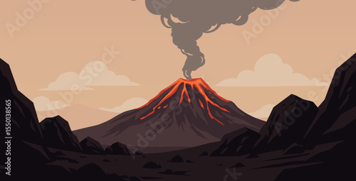 Vector illustration of a volcanic eruption with smoke and lava flowing under a dramatic sky