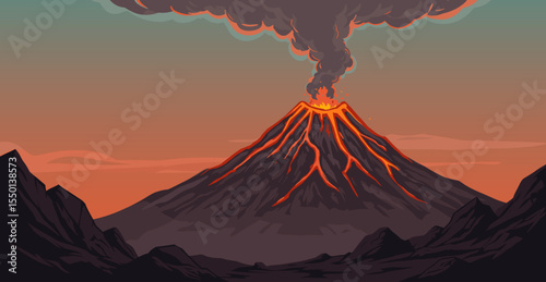 Vector illustration of a volcanic eruption with smoke and lava flow at sunset