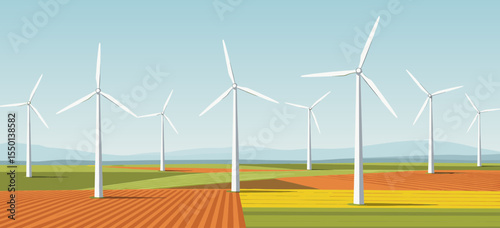 Vector illustration of wind turbines in a colorful agricultural landscape under clear sky
