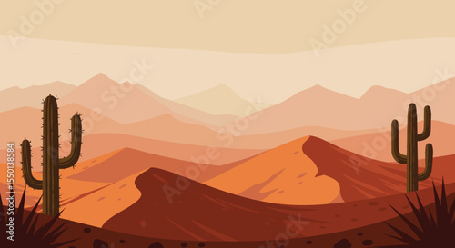 Vector illustration of arid desert landscape with cacti and rolling dunes in warm tones