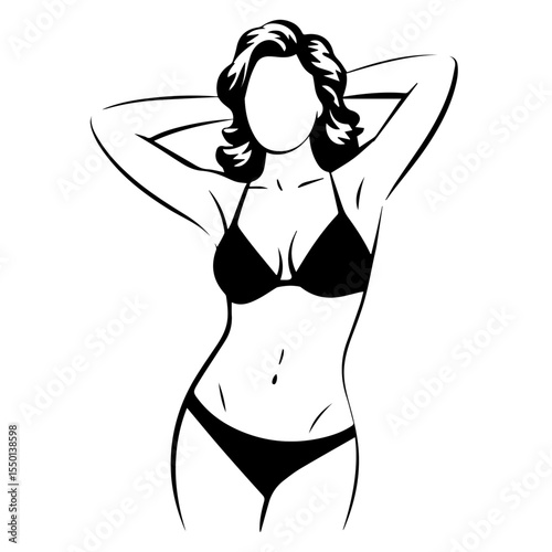 Stylized black and white line art of a faceless woman in a bikini with arms raised behind her head. The pose emphasizes confidence, femininity, and beauty in a minimalist, modern fashion style.


