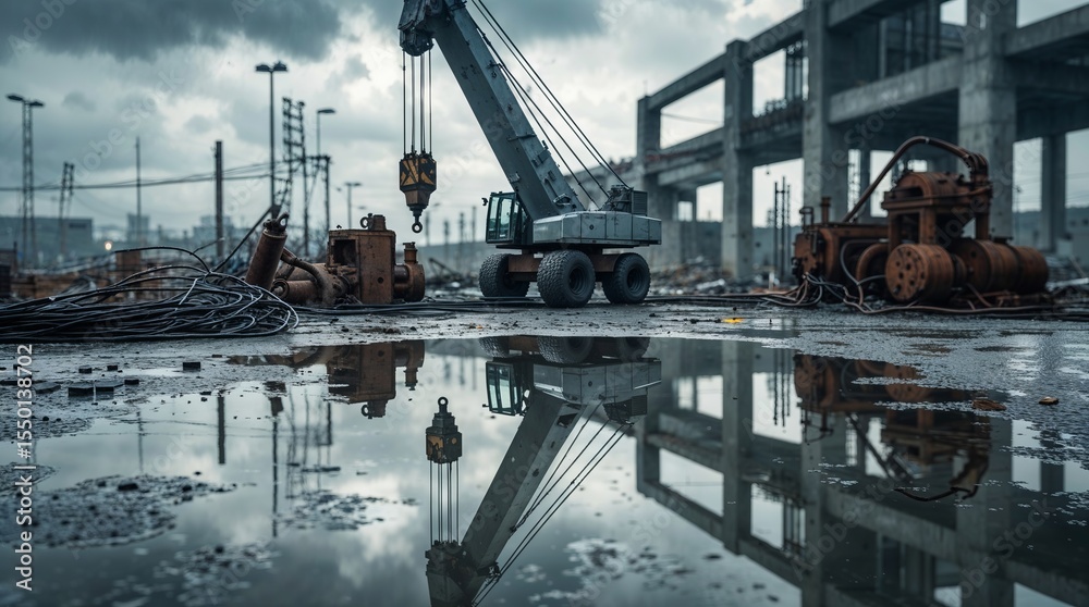 Naklejka premium Heavy machinery operates in an abandoned industrial site with puddles reflecting a cloudy sky