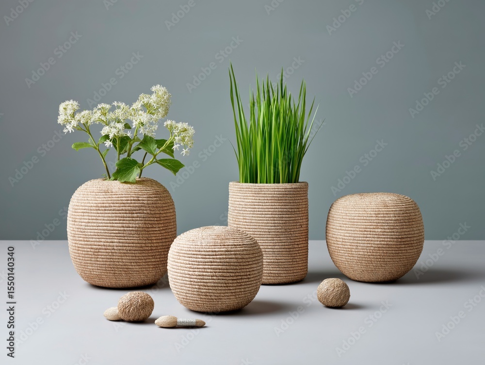 Obraz premium Decorative woven planters with greenery and flowers arranged on a minimalist table against a soft gray background, showcasing modern home decor and natural elements