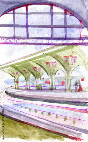 Vitebsky Station Saint Petersburg Russia watercolor hand drawn illustration. Watercolor sketch of old street landscape.