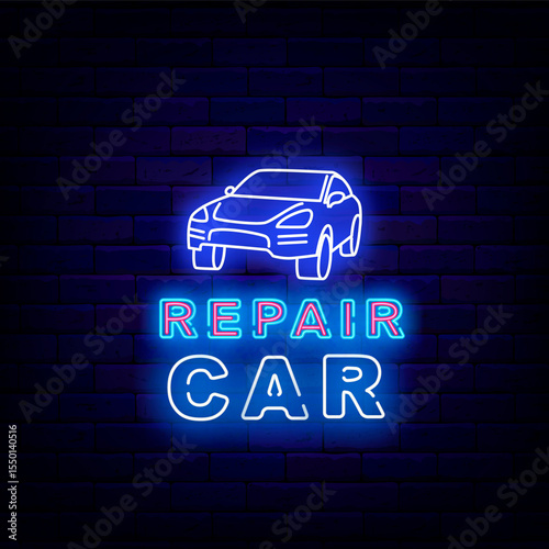 Auto club neon label. Motor car repair service concept. Glowing banner. Vector stock illustration