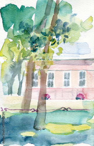 Saint Petersburg Russia watercolor hand drawn illustration. Watercolor sketch of old street landscape.