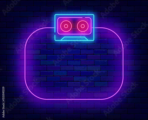 Old music cassette neon flyer. Empty purple frame. Night club dance party. Vector stock illustration