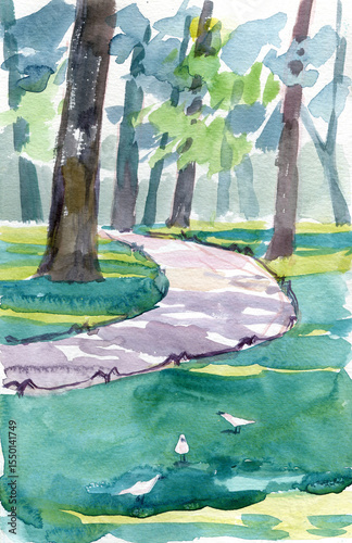 Watercolor sketch city park landscape of Saint Petersburg, Russia, in sketch style for using for postcard or illustration