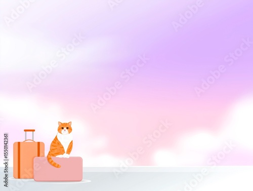 Orange tabby cat sitting on pink suitcase beside orange luggage, with soft pastel gradient background, creating a whimsical travel-themed illustration with copy space