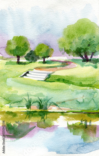 Watercolor sketch city park landscape of Saint Petersburg, Russia, in sketch style for using for postcard or illustration