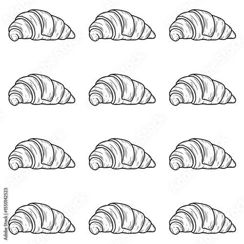 Hand drawn croissant seamless pattern with fine details. Perfect for backgrounds, textiles, packaging, decoration or design projects.