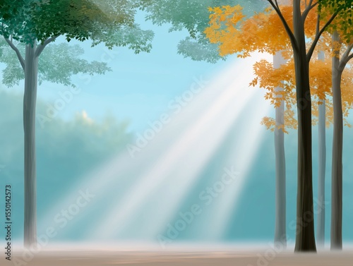 Serene forest scene with sunlight streaming through trees, showcasing vibrant green foliage and a touch of autumn color, creating a tranquil and peaceful atmosphere in nature