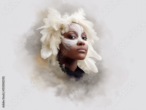 African woman with artistic face paint and feathered headpiece, surrounded by soft clouds, showcasing a unique blend of culture and creativity in a striking portrait