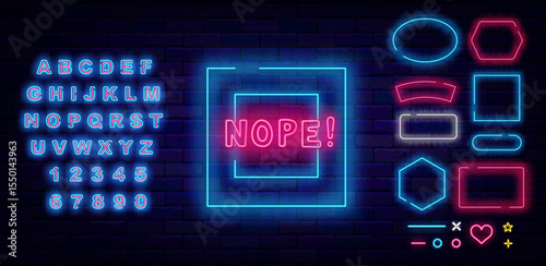 Nope neon emblem. Denial and fail. Online chat. Glowing label. Shiny blue alphabet. Vector stock illustration