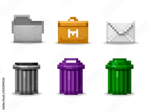 Pixel art illustration featuring various icons including a folder, briefcase, envelope, and three different trash bins in vibrant colors on a clean white background
