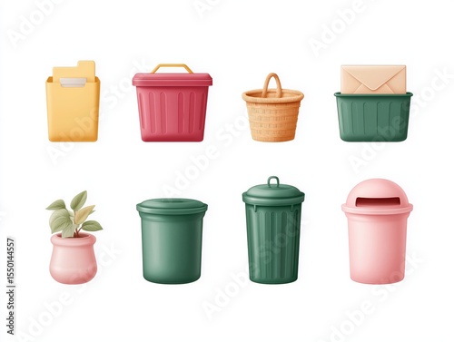 Colorful collection of various bins, containers, and a plant pot, showcasing different shapes and sizes, perfect for organizing and waste management in modern environments