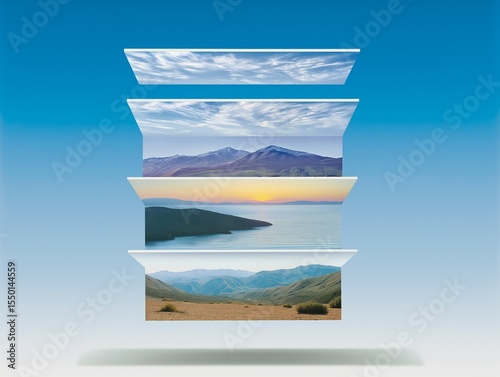 Layered landscape illustration showcasing diverse natural scenery, featuring mountains, lakes, and rolling hills, creating a harmonious visual representation of nature's beauty and tranquility