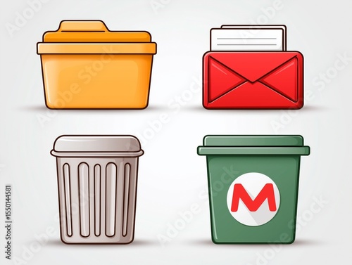 Colorful flat illustration of various digital storage icons including a yellow folder, red envelope, gray trash can, and green recycling bin with a logo for organization and management
