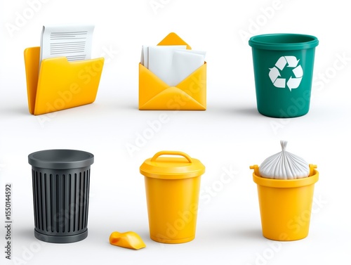 Colorful collection of waste management items including recycling bin, trash cans, and folders, showcasing organization and environmental responsibility in a clean workspace