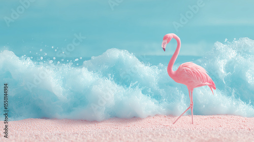 A pink flamingo stands gracefully on a sandy beach with soft blue ocean waves in the background — the perfect summer vibe.

