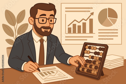 Accountant analyzing financial data. Investment specialist working on annual earnings report. Business concept with growth chart, graph, and traditional abacus calculator.