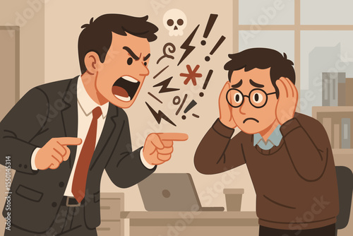 Angry boss shouting at employee. Workplace bullying and harassment concept. Aggressive manager yelling at scared worker. Toxic work environment, conflict and verbal abuse vector cartoon.