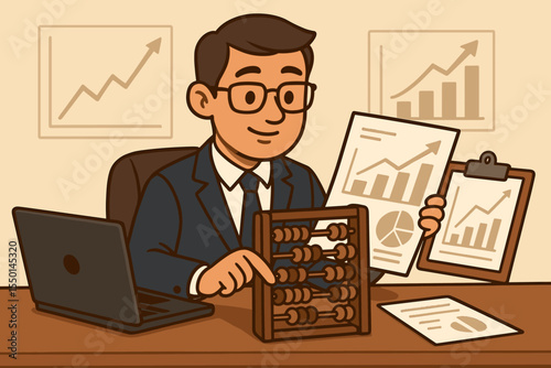 Accountant analyzing financial data for an annual earnings report. Investment specialist character with vintage abacus and graphs showing profit growth. Business finance concept. Vector