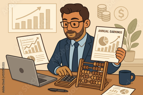 Accountant or financial analyst working on annual earnings report. Businessman at office desk analyzing data with charts, laptop, calculator, and abacus. Investment growth concept vector.