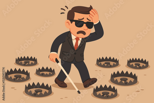 Blind businessman walking through traps, a metaphor for business risk, danger, and investment pitfalls. Concept for failure, mistakes, crisis, wrong direction, and challenges.