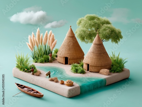 Miniature model of traditional huts surrounded by lush greenery, water, and a small boat, showcasing a serene rural landscape with artistic craftsmanship and attention to detail