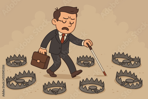 Blind businessman navigating a field of traps, a business metaphor for risk, danger, and crisis. Conceptual vector illustration of failure, uncertainty, challenge, and mistakes.
