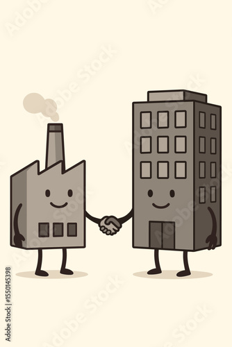 B2B marketing concept with a factory and corporate building shaking hands. Metaphor for business partnership, agreement, industrial collaboration, or supply chain deal. Vector cartoon.