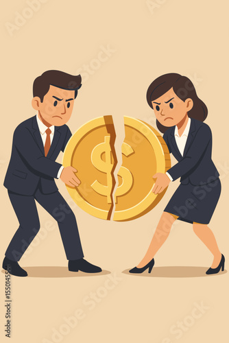 Financial dispute metaphor. Businessman and businesswoman fighting, pulling apart a cracked dollar coin. Concept of market share competition, profit division, greed, or divorce settlement.
