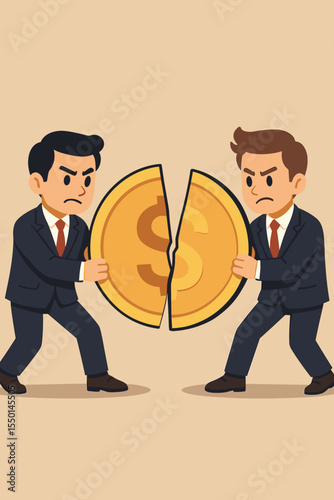 Business competition concept with two businessmen fighting for market share. Angry rivals dividing a gold dollar coin. Financial conflict, profit sharing dispute, and greed metaphor.