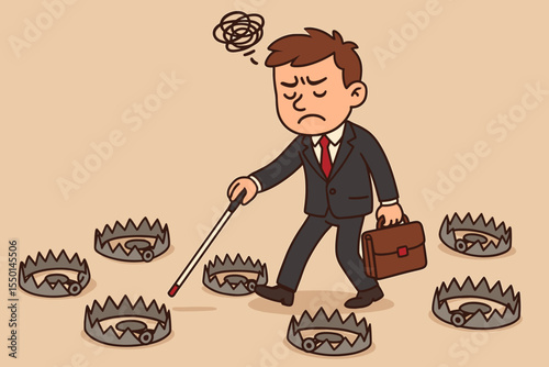 Blind businessman metaphor for risk, failure and crisis. Lost cartoon manager walking into traps, facing financial problems, dangers, and mistakes. Business concept vector.