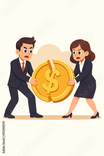 Business competition and market share division. Man and woman fighting over a big gold dollar coin. Metaphor for financial conflict, business rivalry, and profit sharing struggle.