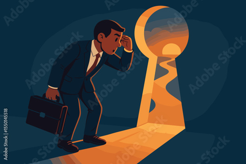 Businessman looking through keyhole at success path. Metaphor for new opportunity, career vision, business challenge, and future growth. Corporate discovery concept vector illustration.