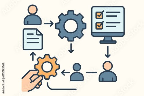 Business process optimization flowchart with gear and person icons. Workflow automation and task management diagram for project efficiency and strategic planning. Vector line icon.