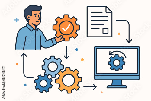Workflow automation flowchart concept. Businessman managing a system with gears for efficiency. Business process management, project organization, and data processing. Vector cartoon.