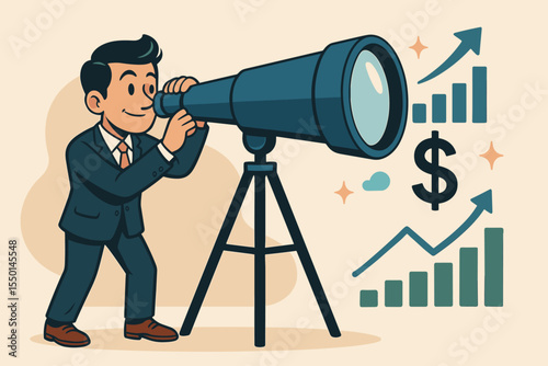 Business investor gazes through a telescope, seeking lucrative investment opportunities. Financial vision, future growth, market forecast, and economic success vector concept illustration.