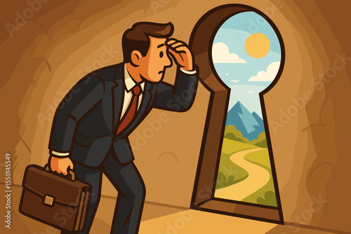 Businessman peering through a keyhole at a path to success. Metaphor for business opportunity, vision, new beginnings, and career discovery. Corporate professional finds a future solution.