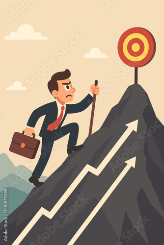 Business success metaphor of a determined businessman climbing a mountain towards a target. Concept for career growth, achieving goals, strategy, challenges, and ambition. Vector art.